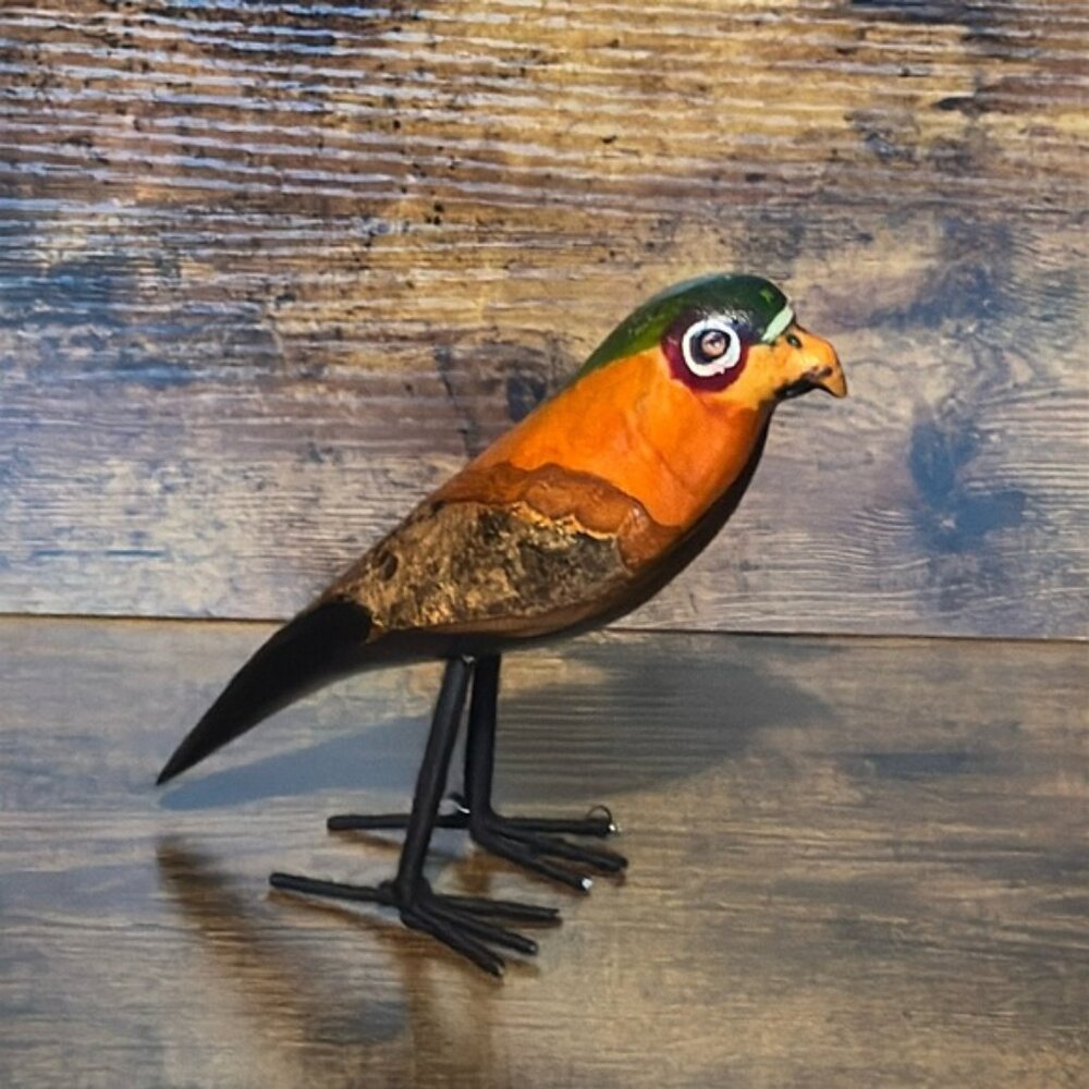 Carved Wood Bird Sculpture Folk Art Painted Bird on Metal Yarn Covered Legs 7”